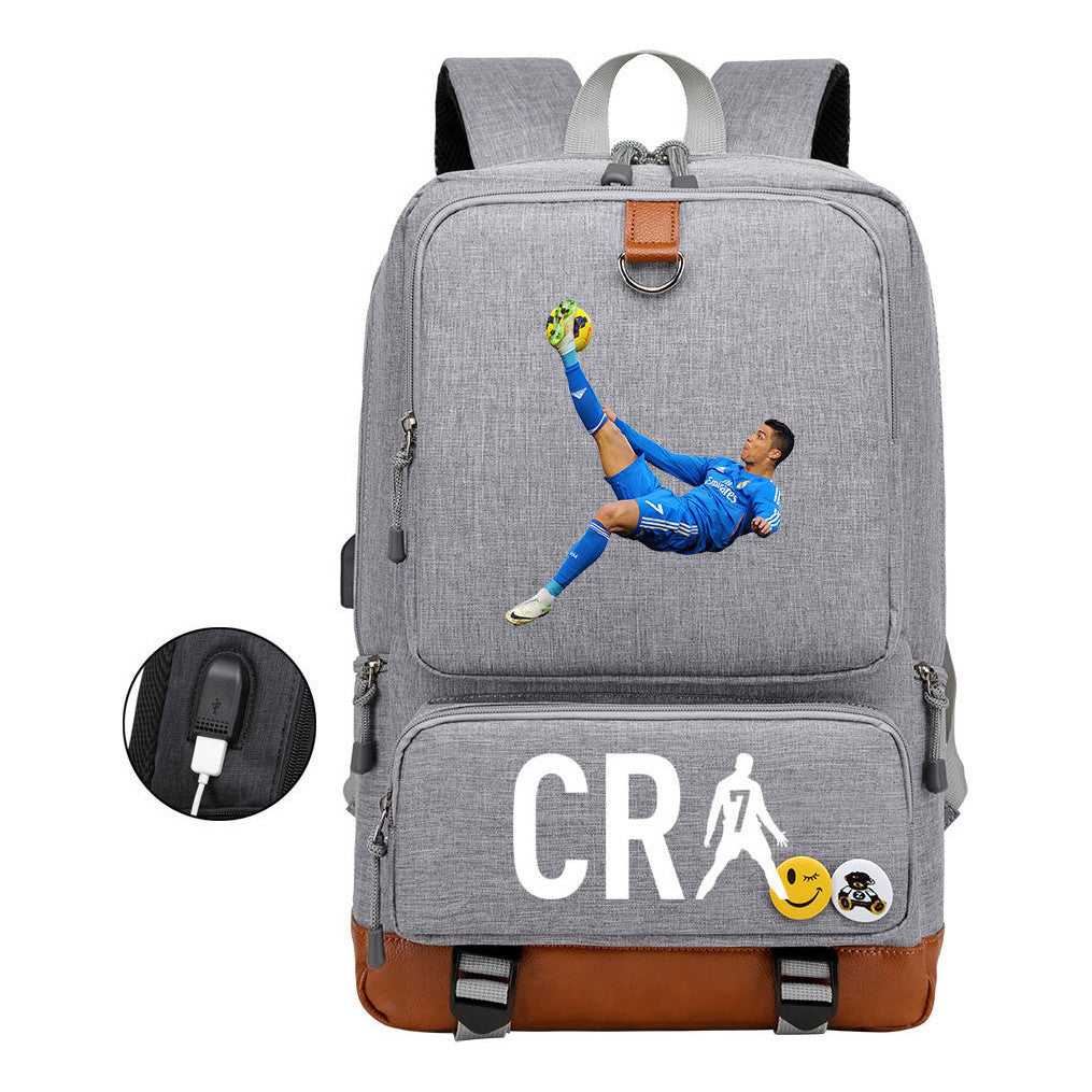 Football Star Cristiano Ronaldo Printed Usb Youth Primary And Secondary School Backpack For Boys And Girls Leisure Travel Backpack