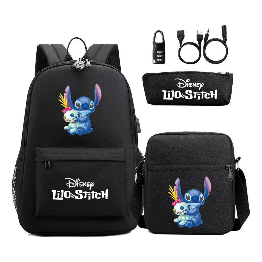 Interstellar Baby Stitch Usb Password Lock Youth Backpack 3-piece Set For Men And Women Backpacks