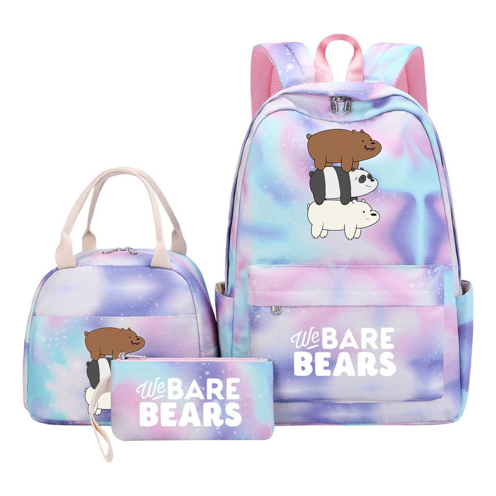 Cartoon Cute Three Bears Youth Student Girls School Bag Lunch Bag Three Piece Set Backpack Set