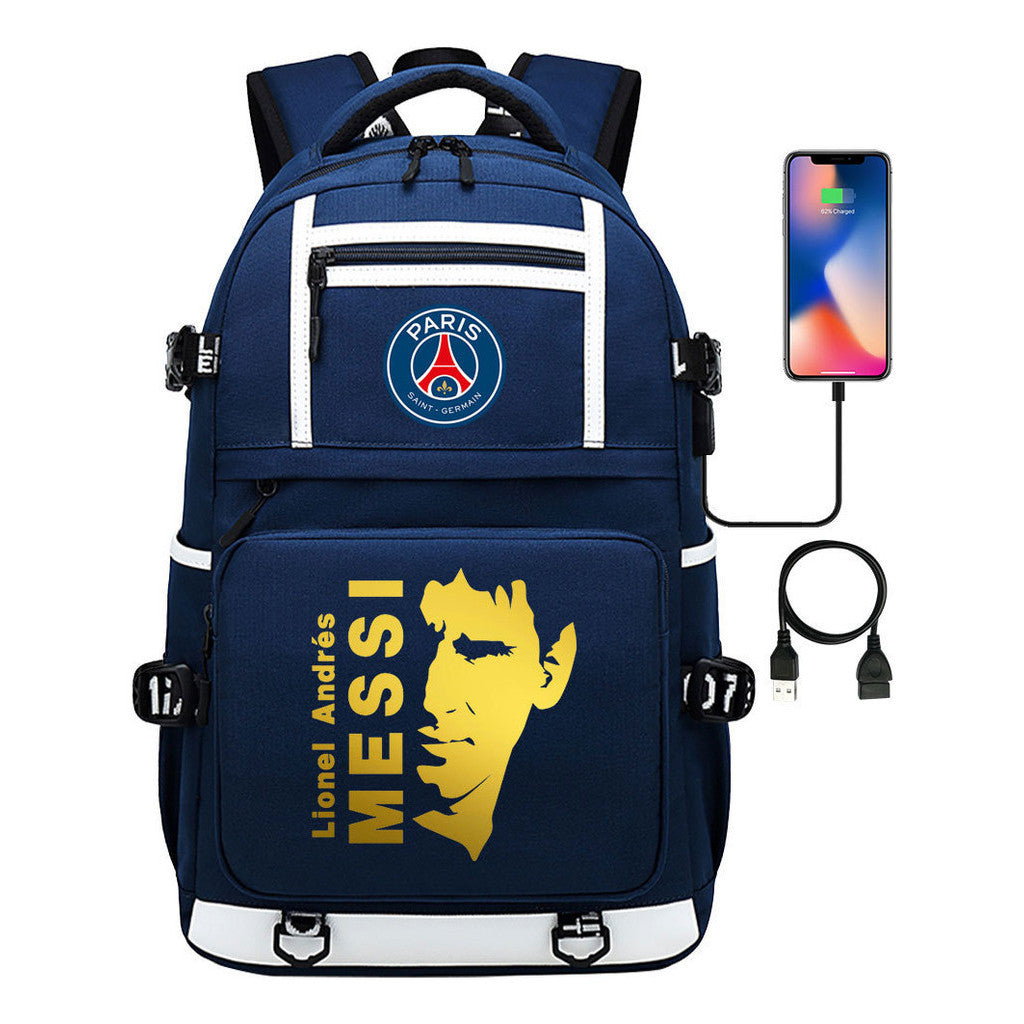 Gold Sports Football Star Printed Usb Youth School Bag Backpack Leisure Travel Backpack