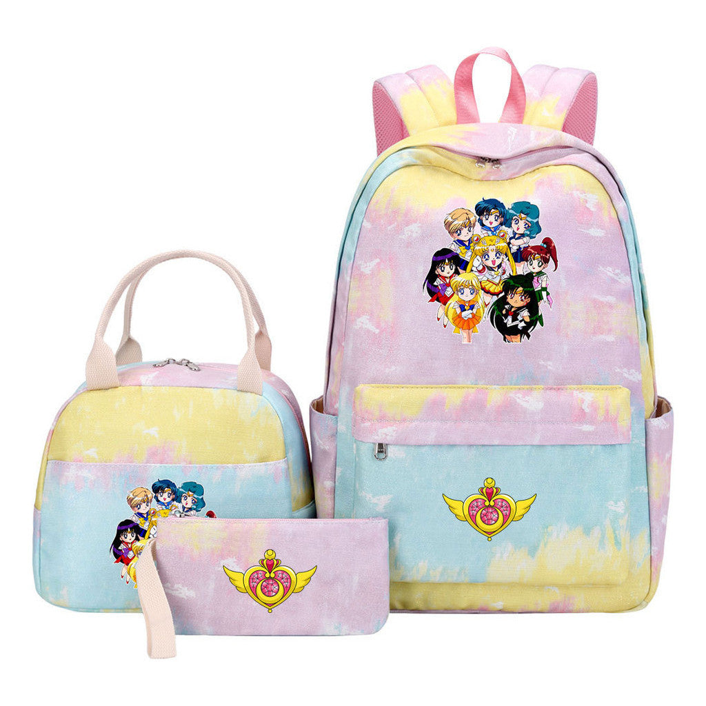 Anime Beauty Girl Warrior Girls School Bag Lunch Bag Three Piece Set Backpack Set