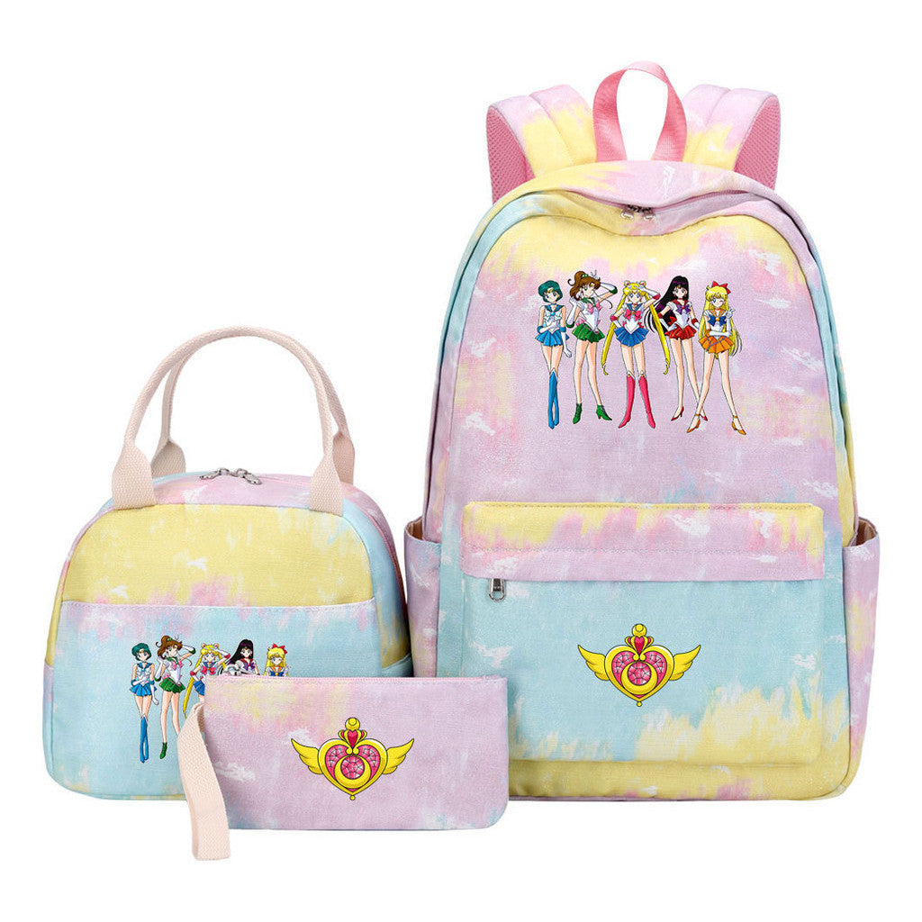 Anime Beauty Girl Warrior Student Girls School Bag Lunch Bag Three Piece Set Backpack Set