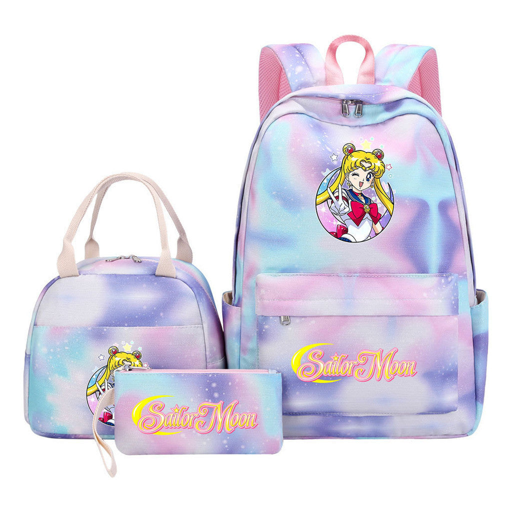 Beautiful Girl Warrior Student Schoolbag Lunch Bag Three Piece Set Backpack Cover