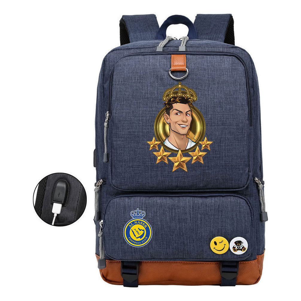 Football Star Cristiano Ronaldo Printed Usb Youth Student Backpack For Leisure Travel Backpack