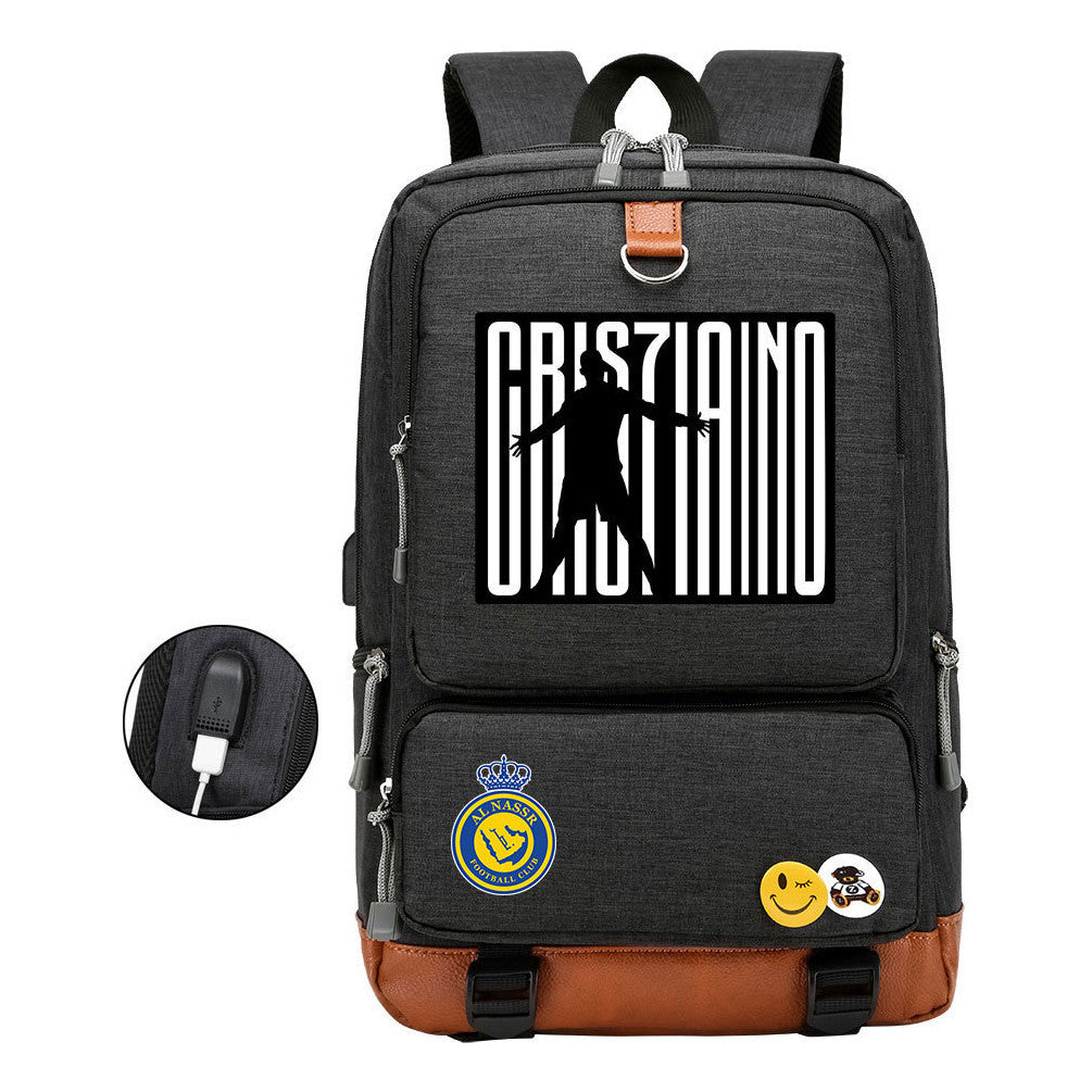 Football Star Cristiano Ronaldo Printed Usb Youth Student Backpack For Leisure Travel Backpack