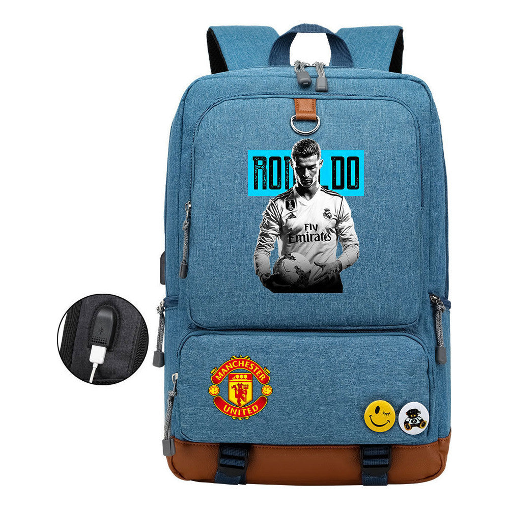 Football Star Cristiano Ronaldo Printed Usb Youth Student Backpack For Leisure Travel Backpack