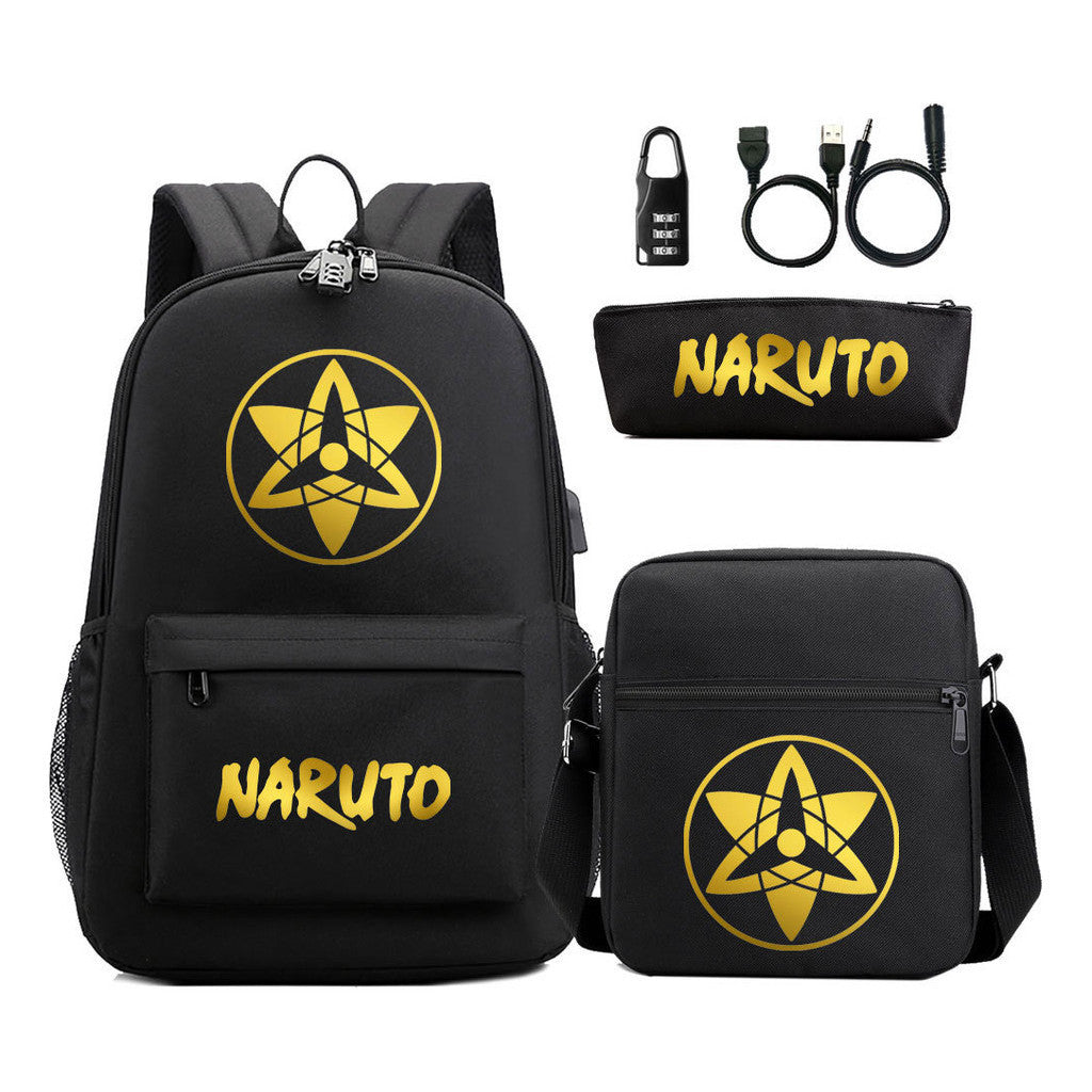 Golden Naruto Usb Password Lock Teenage Student School Bag Three Piece Backpack Set