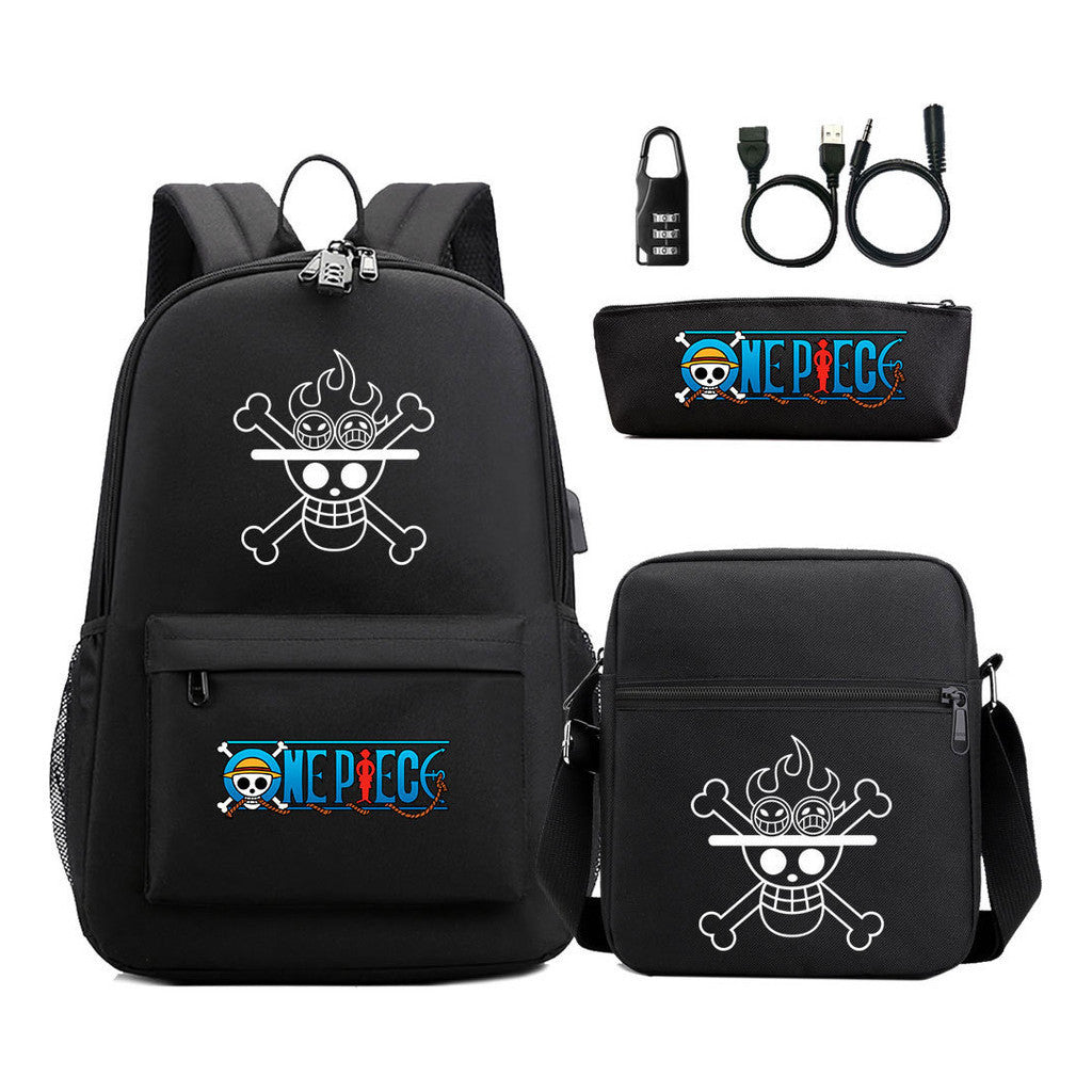 Cartoon Pirate King Usb Password Lock Youth Student School Bag Three Piece Set For Boys And Girls Backpack Set
