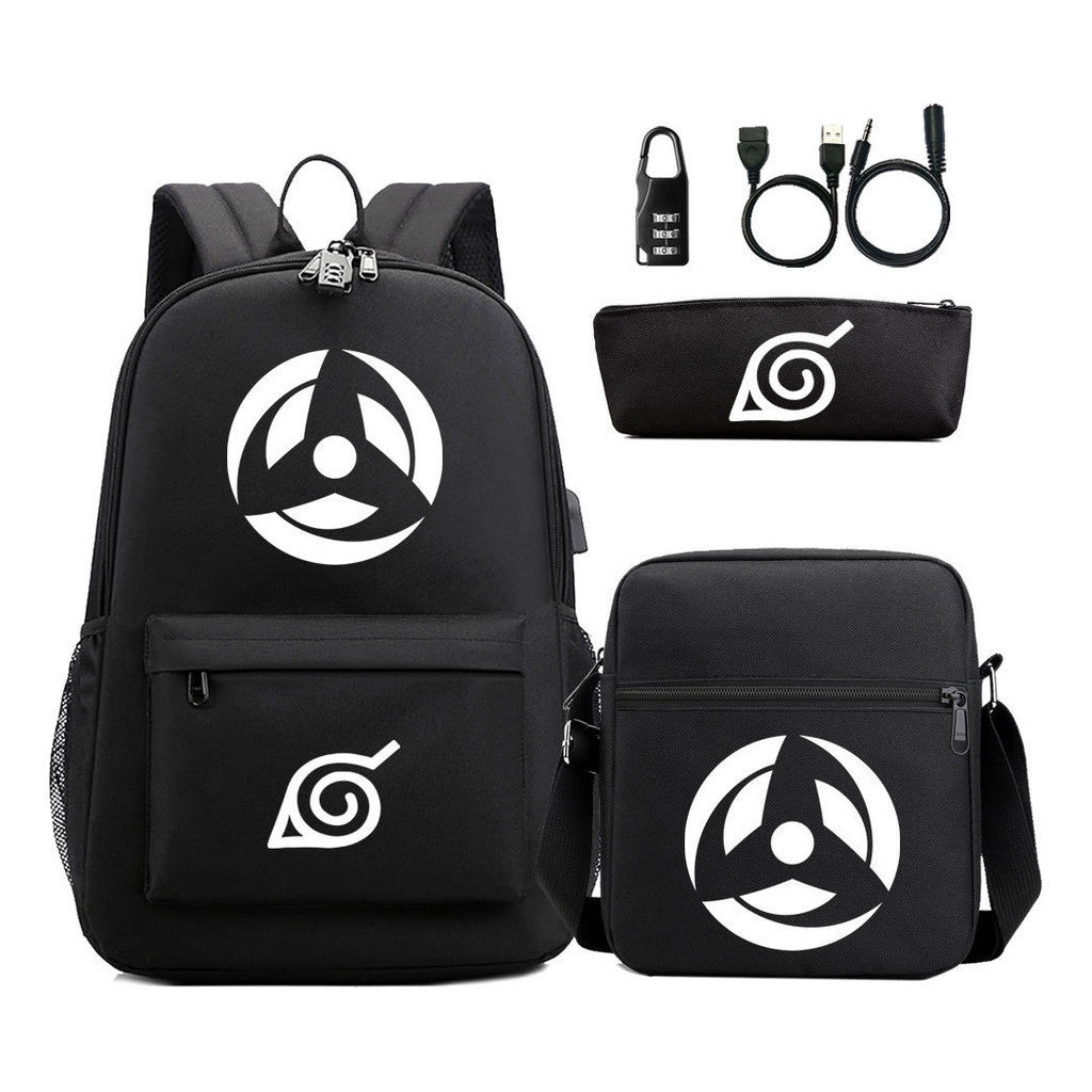 Fashionable Naruto Usb Password Lock Youth Student School Bag Three Piece Backpack Set