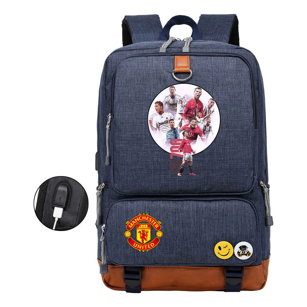 Football Star Cristiano Ronaldo Printed Usb Student Backpack For Leisure Travel Backpack