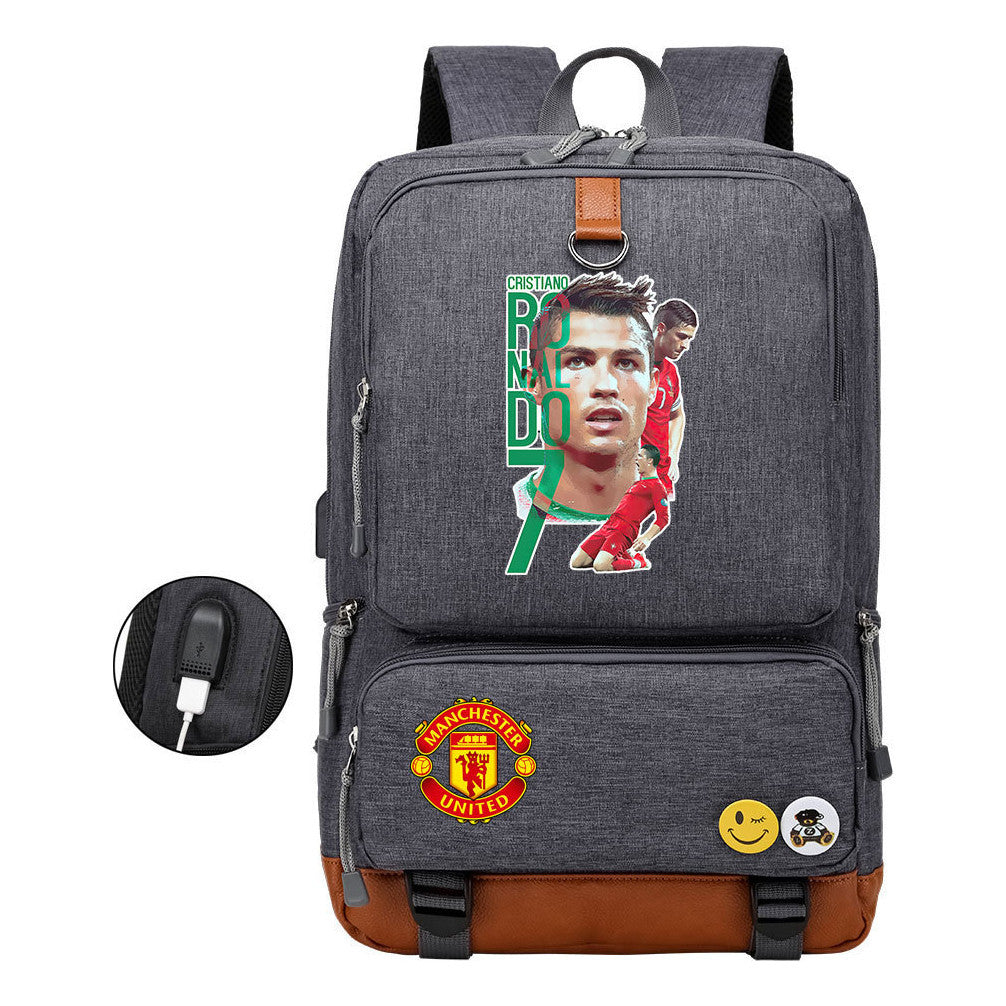 Football Star Cristiano Ronaldo Printed Usb Student Backpack For Leisure Travel Backpack