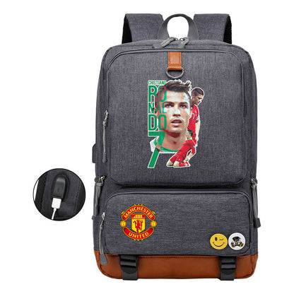Football Star Cristiano Ronaldo Printed Usb Student Backpack For Leisure Travel Backpack