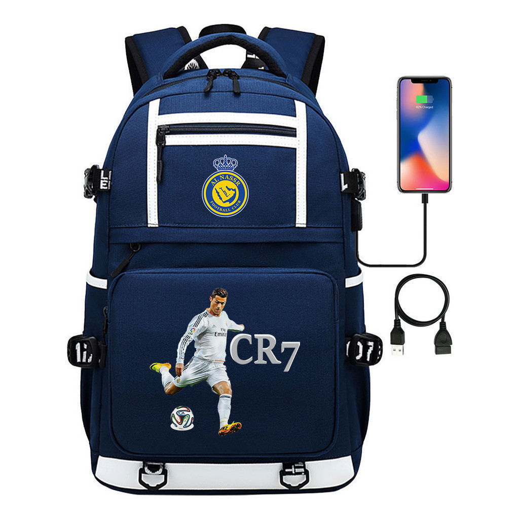 Football Star Cristiano Ronaldo Printed Usb Youth Student Backpack For Men And Women, Backpack For Leisure Travel