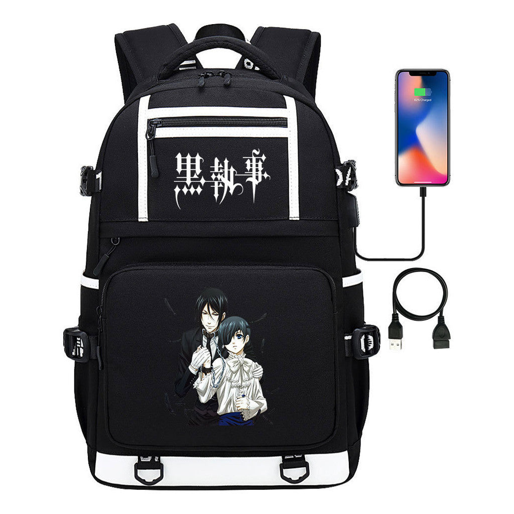 Manga Black Deacon Black Butler Printed Usb Youth Student Backpack Men's And Women's Leisure Travel Backpack