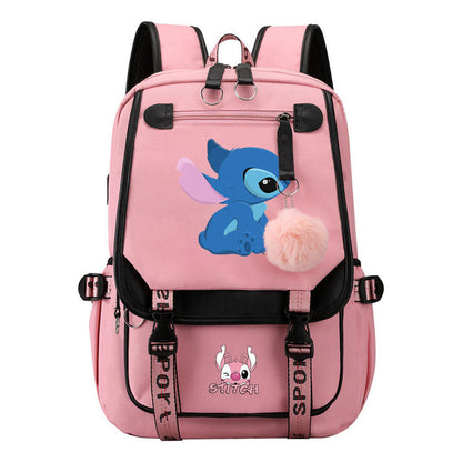 Interstellar Baby Stitch Usb Student Backpack For Boys And Girls, Casual Woven Strap Flip Back Backpack