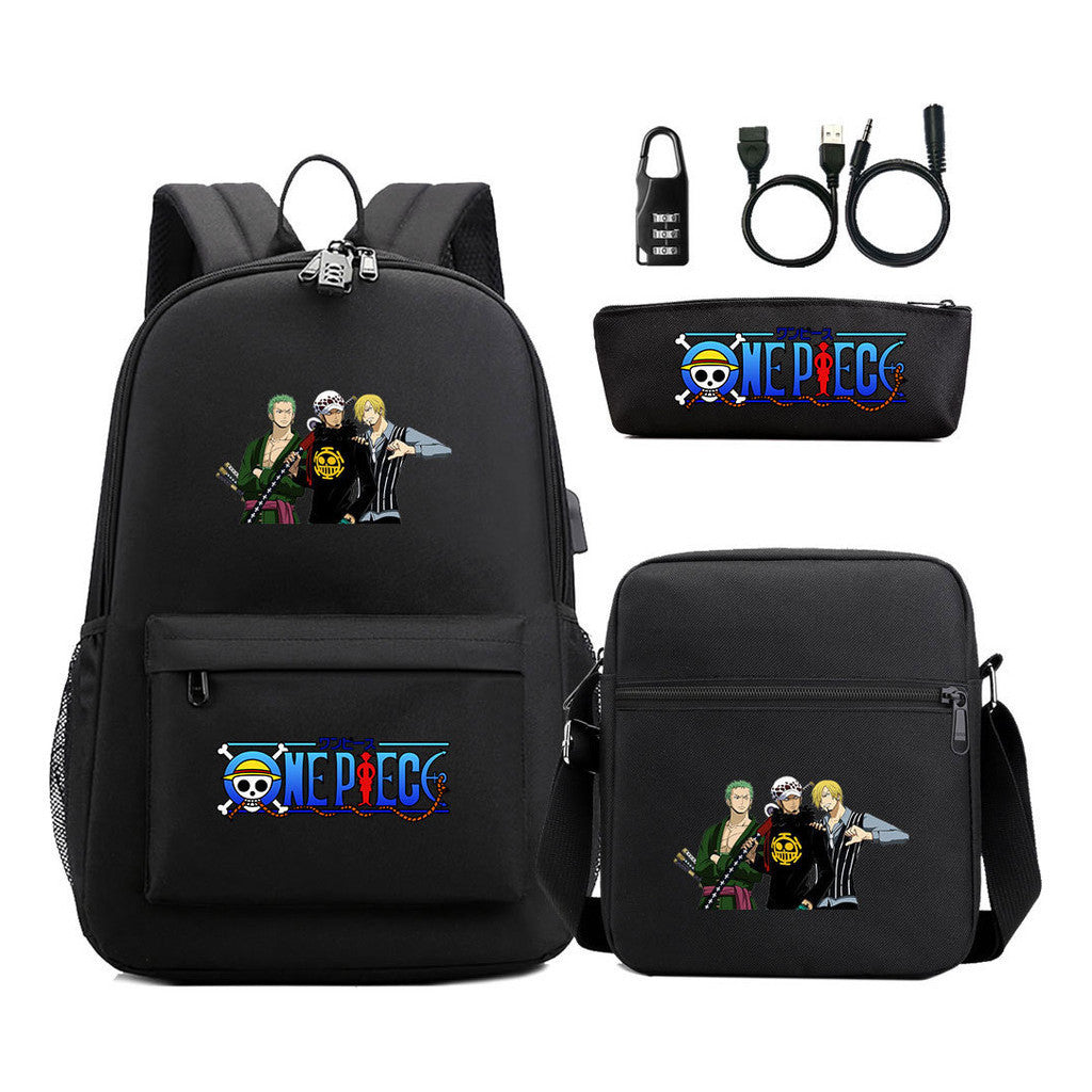 Cartoon Pirate King Usb Password Lock Youth Student Backpack Three Piece Set Backpack