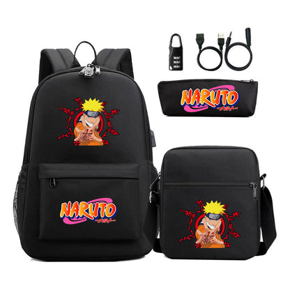 Naruto Usb Password Lock Youth Student Backpack Three Piece Set For Men And Women Backpacks