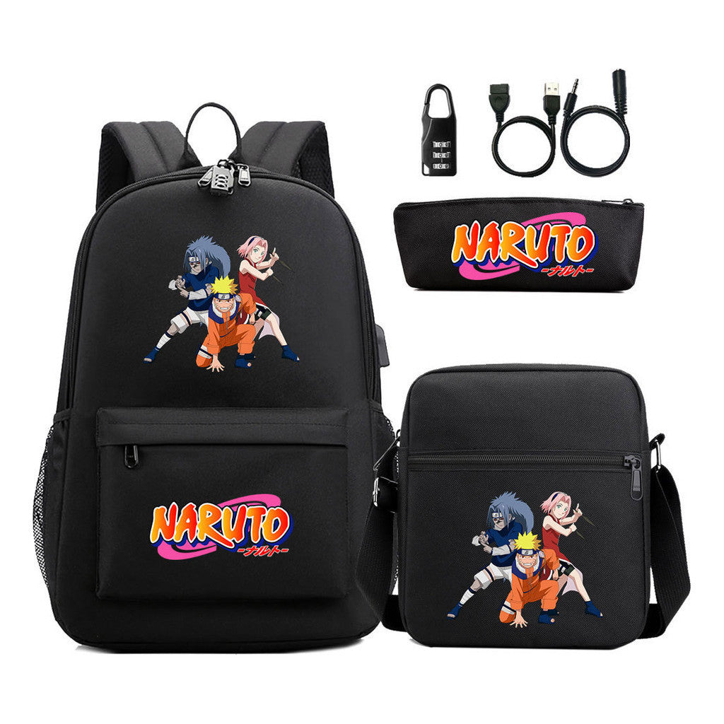 Naruto Usb Password Lock Youth Student Backpack Three Piece Set Backpack Set
