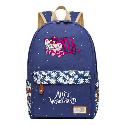 Anime Cartoon Cheshire Cat Print Student Backpack, Floral Casual Backpack