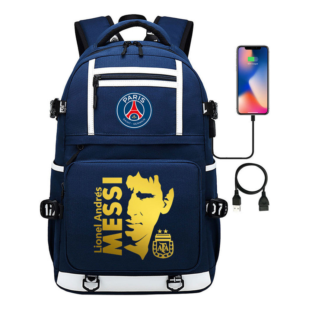 Gold Sports Football Star Printed Usb Youth School Bag Backpack Leisure Travel Backpack