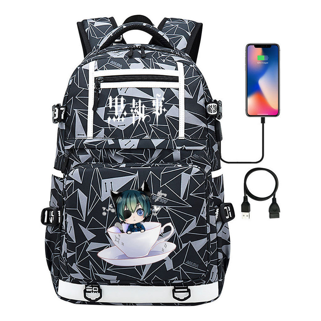 Manga Black Deacon Black Butler Printed Usb Youth Student Backpack Men's And Women's Leisure Travel Backpack