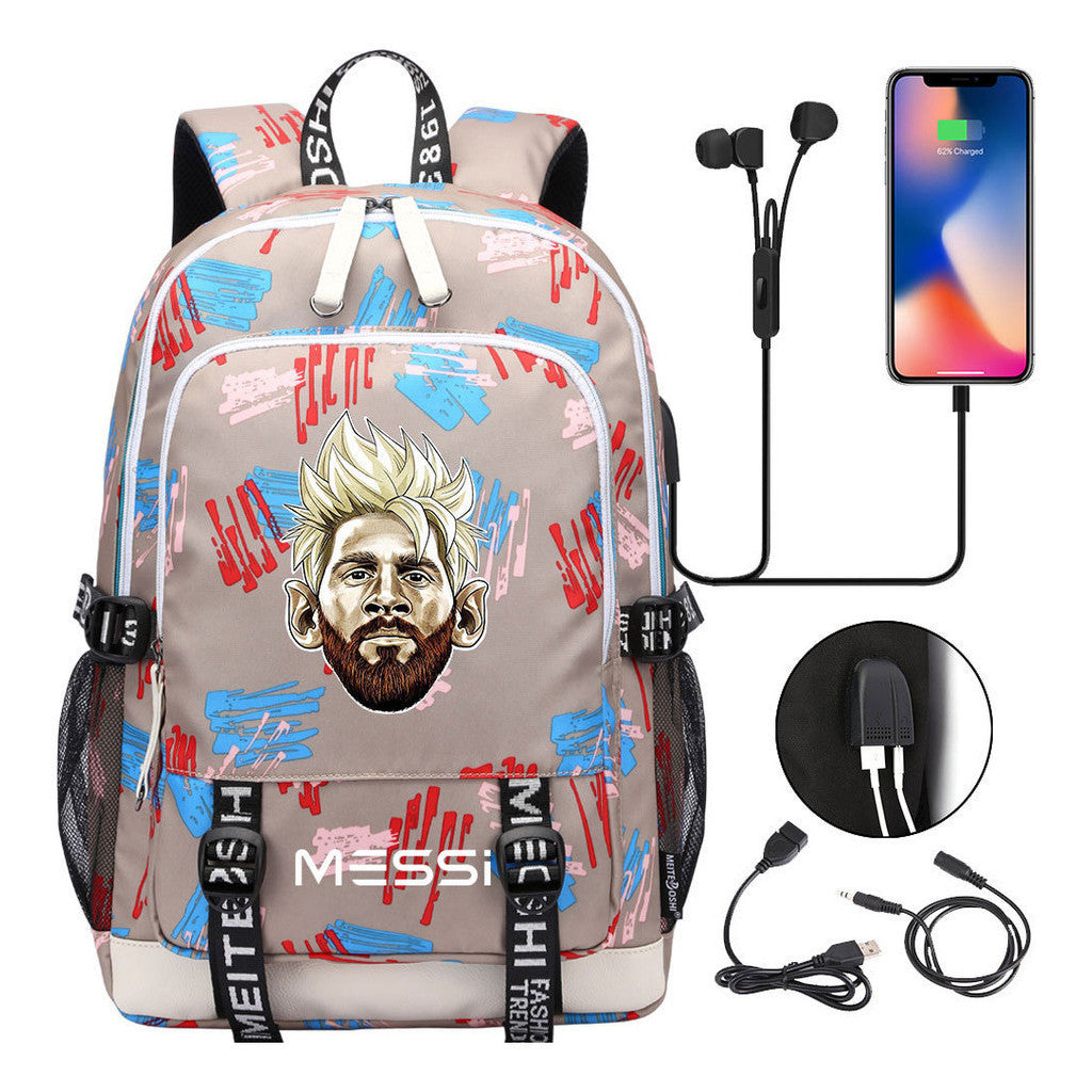 Sports Football Stars, Teenagers, Primary And Secondary School Students, Backpack Usb, Men's And Women's Leisure Backpack