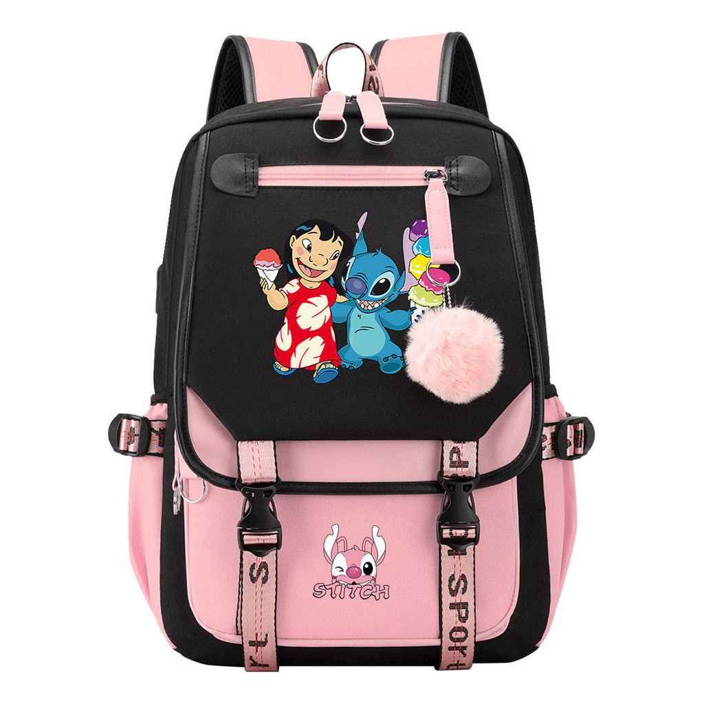Interstellar Baby Stitch Usb Youth School Bag Casual Ribbon Flip Backpack
