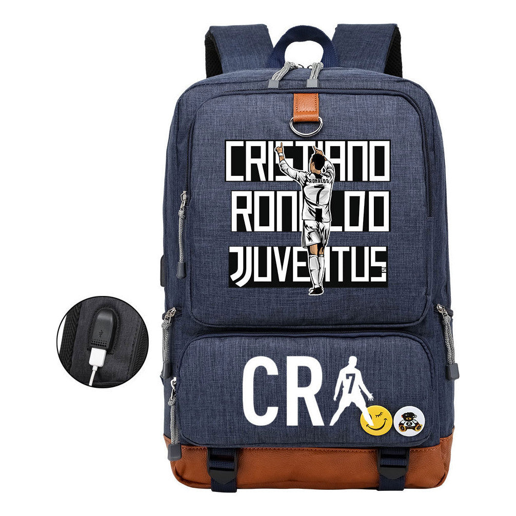 Football Star Cristiano Ronaldo Printed Usb Youth Student Backpack For Leisure Travel Backpack