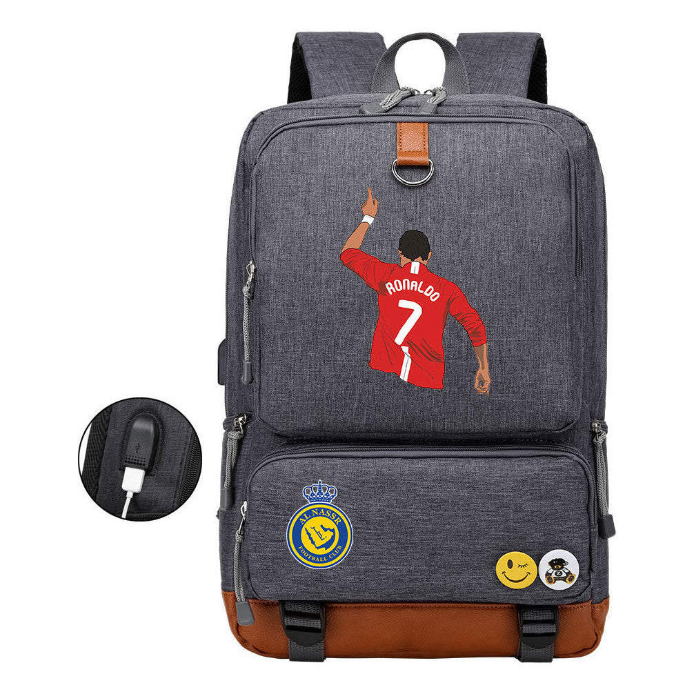 Football Star Cristiano Ronaldo Printed Usb Youth Student Backpack For Leisure Travel Backpack
