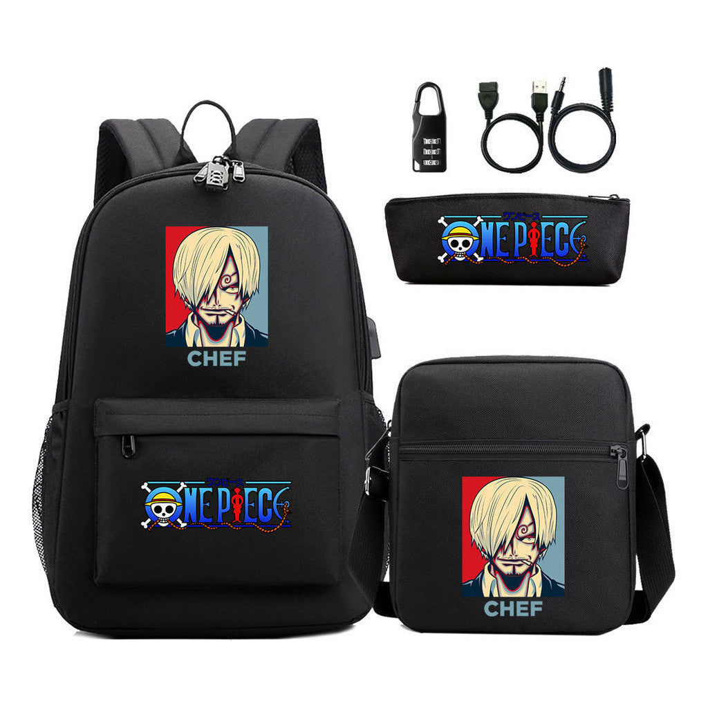 Cartoon Pirate King Usb Password Lock Youth Student Backpack Three Piece Set Backpack