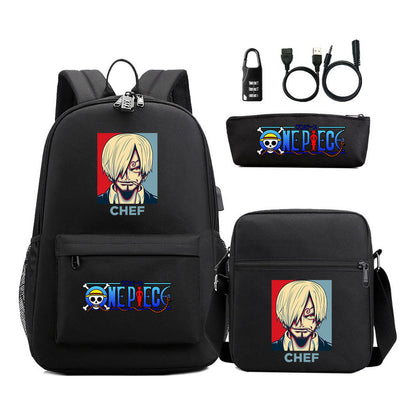 Cartoon Pirate King Usb Password Lock Youth Student Backpack Three Piece Set Backpack