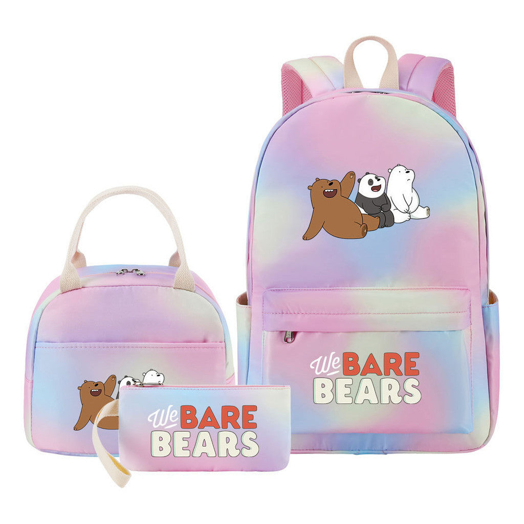 Cartoon Cute Three Bears Youth Student Girls School Bag Lunch Bag Three Piece Set Backpack Set