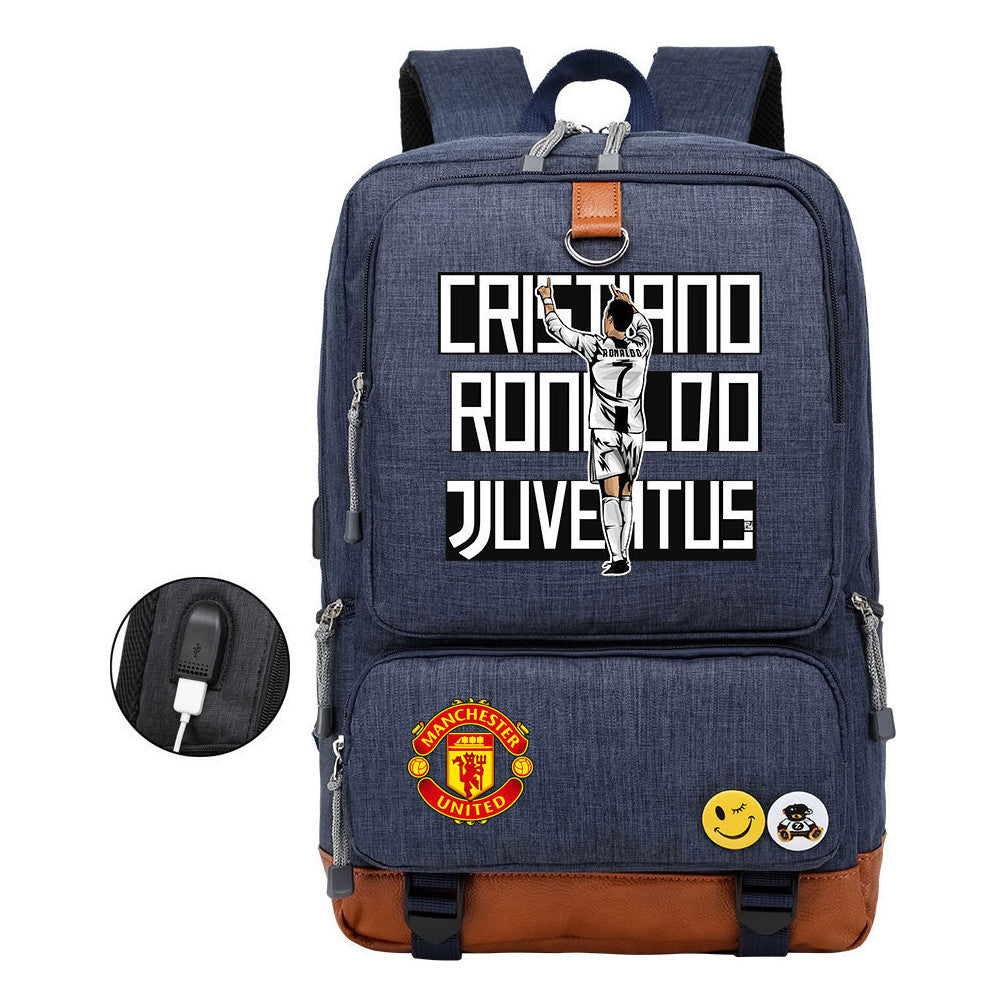 Football Star Cristiano Ronaldo Printed Usb Youth Backpack For Leisure Travel Backpack
