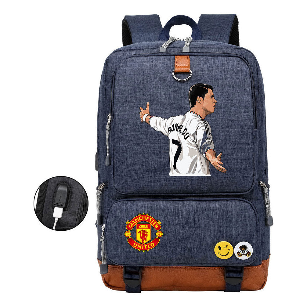 Football Star Cristiano Ronaldo Printed Usb Youth Backpack For Leisure Travel Backpack