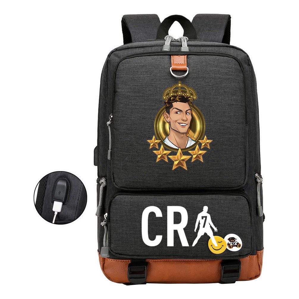 Football Star Cristiano Ronaldo Printed Usb Youth Student Backpack For Leisure Travel Backpack