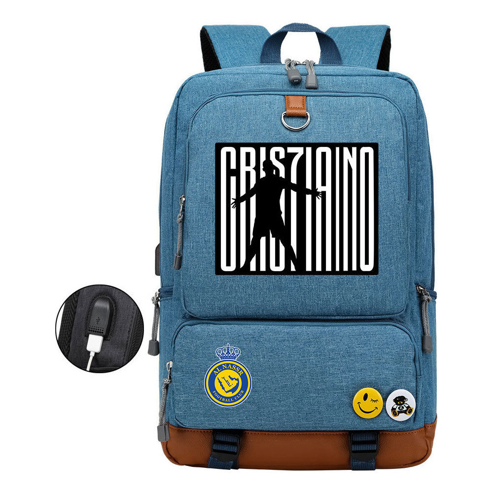 Football Star Cristiano Ronaldo Printed Usb Youth Student Backpack For Leisure Travel Backpack