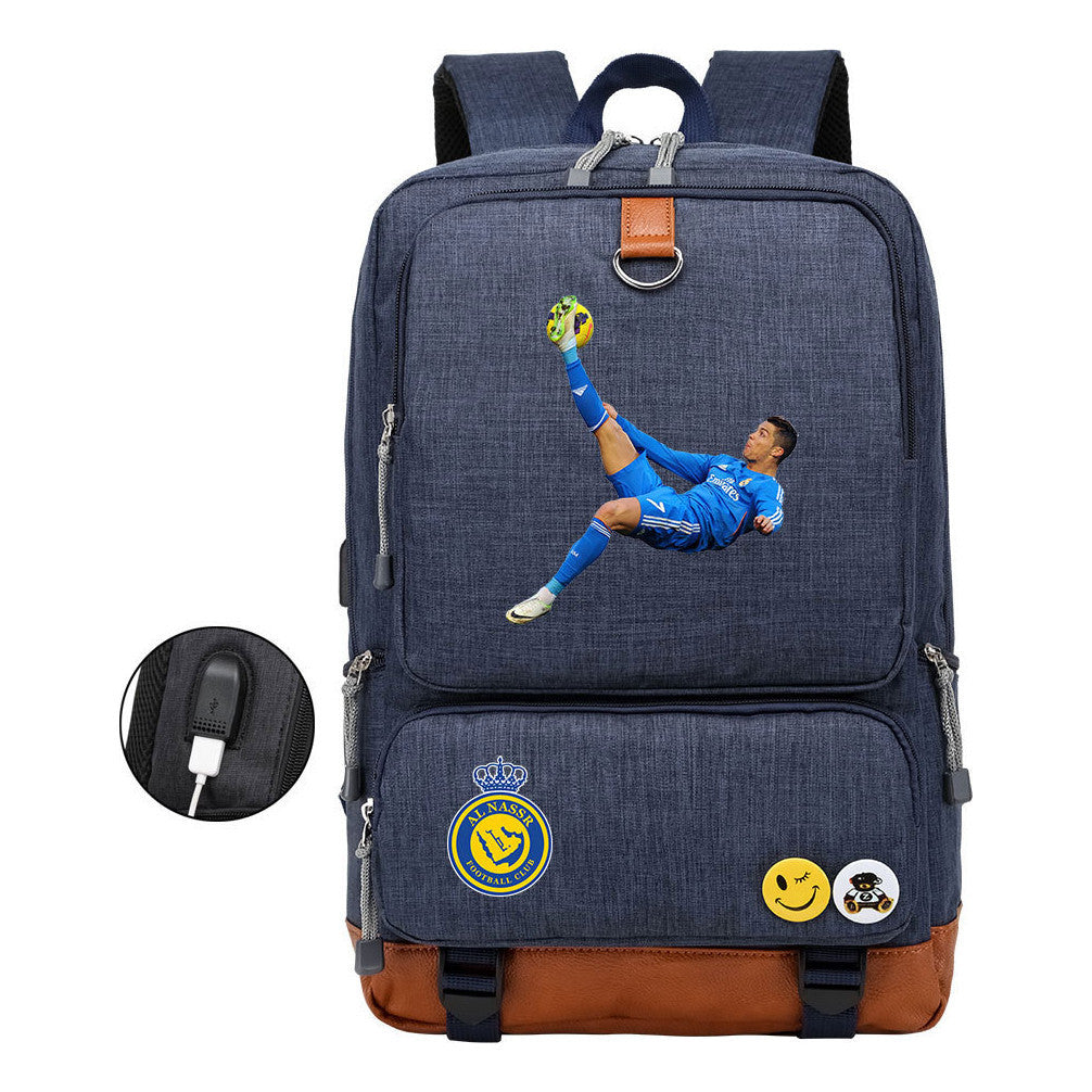 Football Star Cristiano Ronaldo Printed Usb Youth Student Backpack For Leisure Travel Backpack