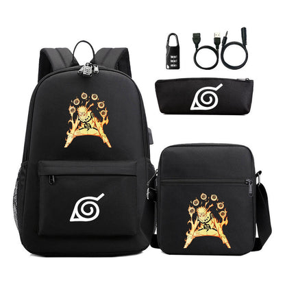 Naruto Usb Password Lock Youth Student Backpack Three Piece Set For Men And Women Backpack Set