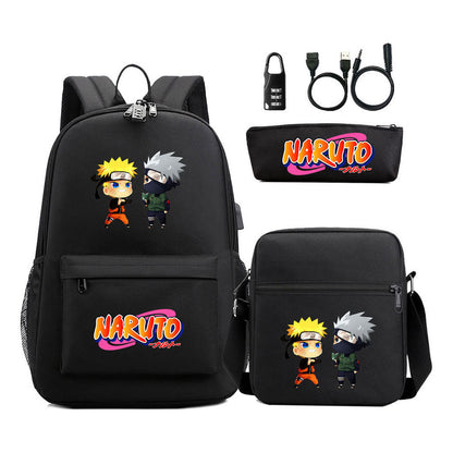 Naruto Usb Password Lock Youth Student Backpack Three Piece Set For Men And Women Backpacks