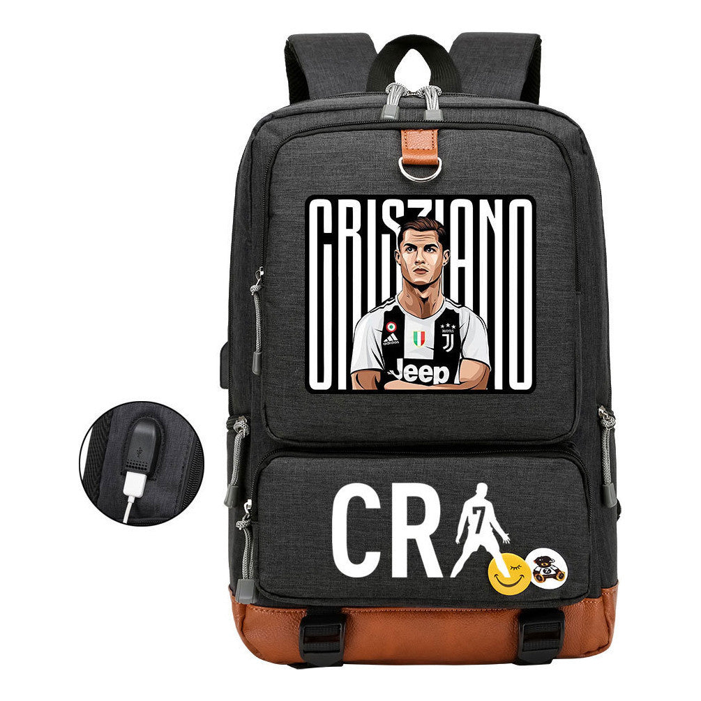Football Star Cristiano Ronaldo Printed Usb Youth Primary And Secondary School Backpack For Boys And Girls Leisure Travel Backpack