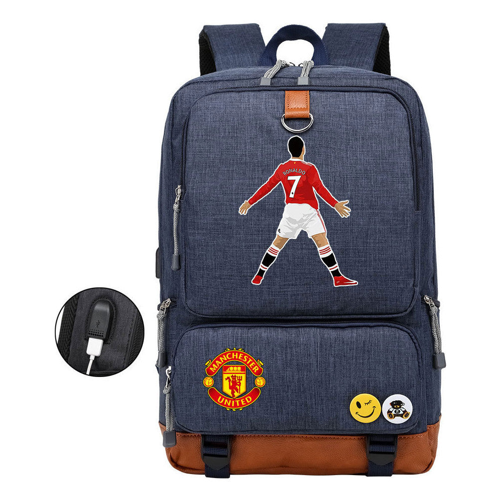 Football Star Cristiano Ronaldo Printed Usb Student Backpack For Leisure Travel Backpack