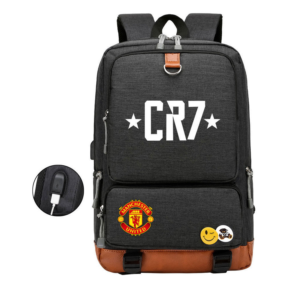 Football Star Cristiano Ronaldo Printed Usb Student Backpack For Leisure Travel Backpack