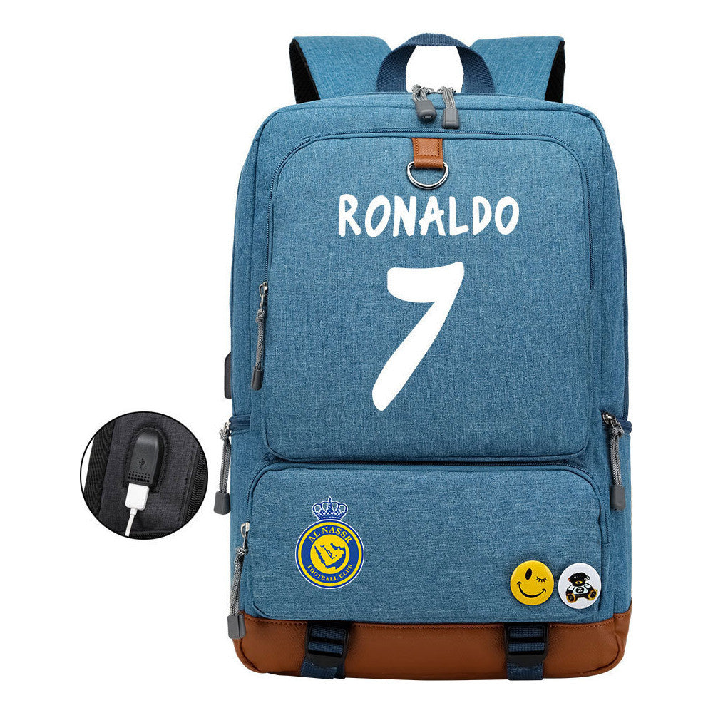 Football Star Cristiano Ronaldo Printed Usb Student Backpack Leisure Travel Backpack