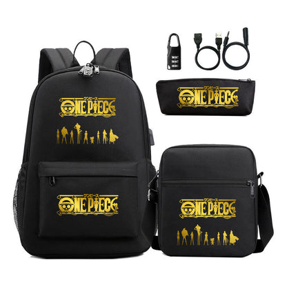 Golden Pirate King Usb Password Lock Youth Student Backpack Set Of Three Pieces, Men's And Women's Backpack Set