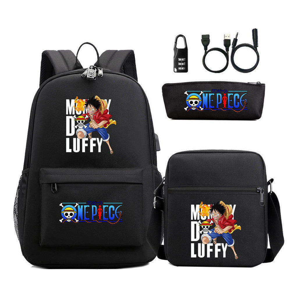 Cartoon Pirate King Usb Password Lock Youth Student Backpack Three Piece Set Backpack