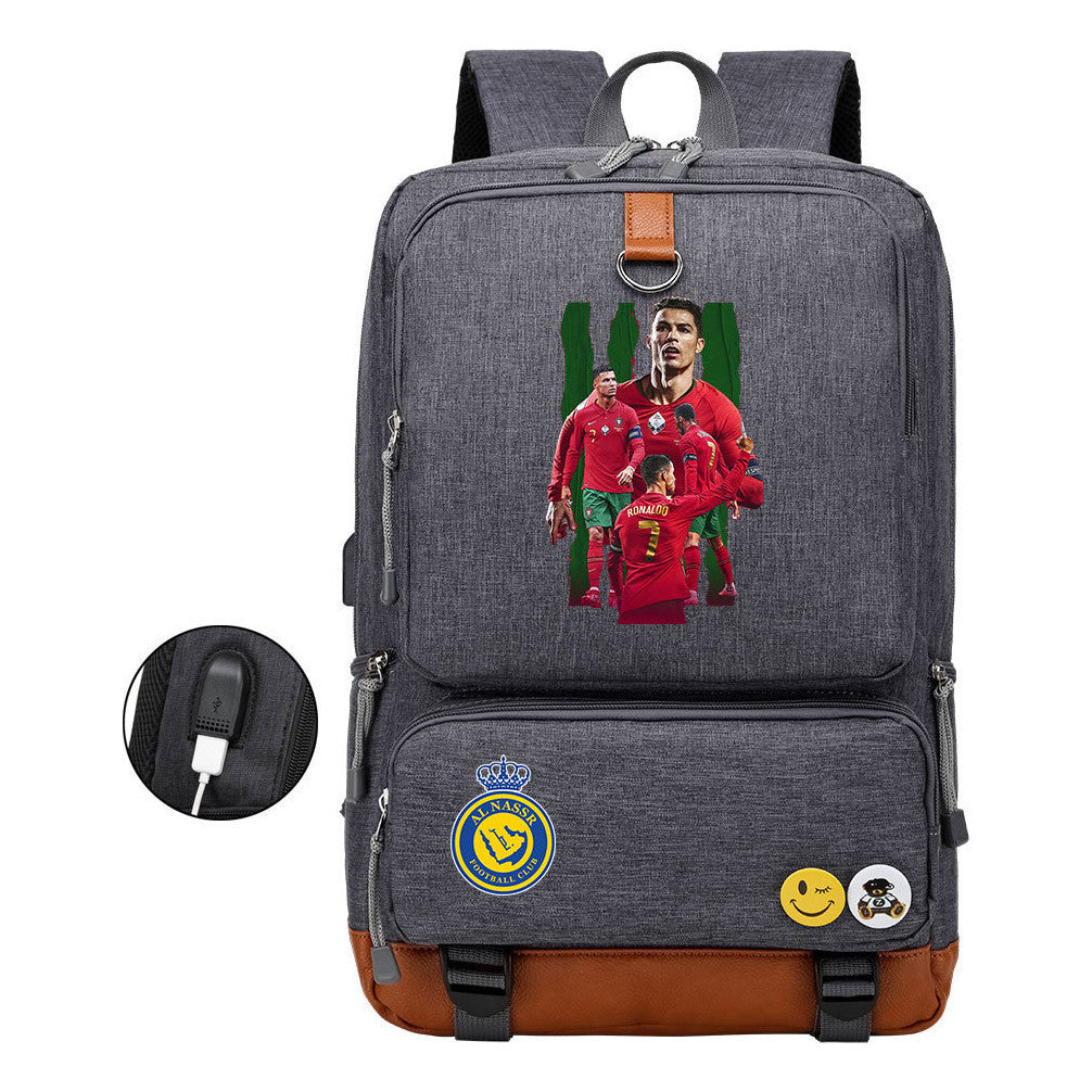 Football Star Cristiano Ronaldo Printed Usb Student Backpack Leisure Travel Backpack