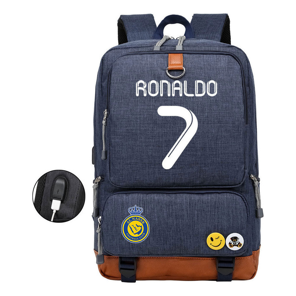 Football Star Cristiano Ronaldo Printed Usb Student Backpack Leisure Travel Backpack