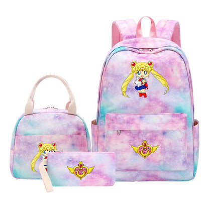 Anime Beauty Girl Warrior Girls School Bag Lunch Bag Three Piece Set Backpack Set