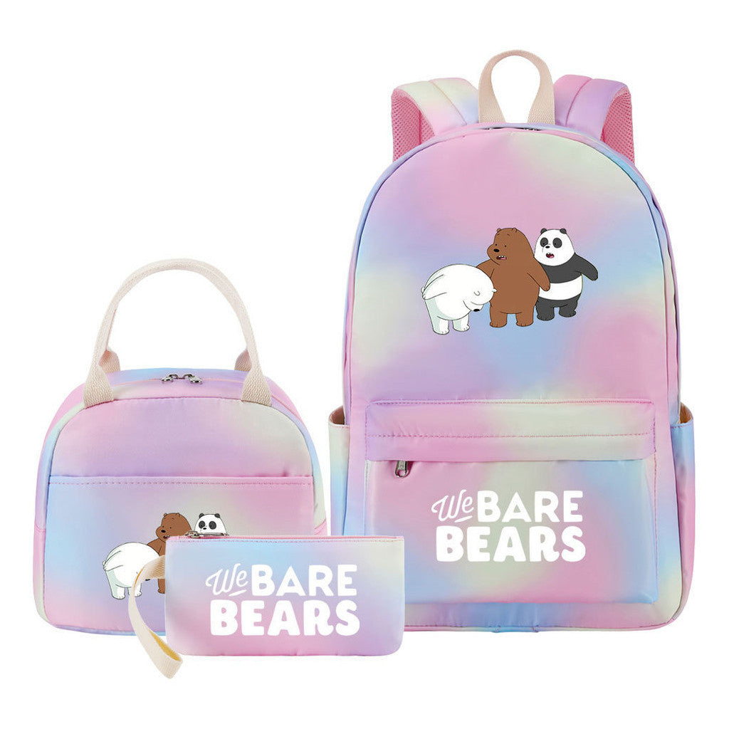 Cartoon Cute Three Bears Youth Student Girls School Bag Lunch Bag Three Piece Set Backpack Set