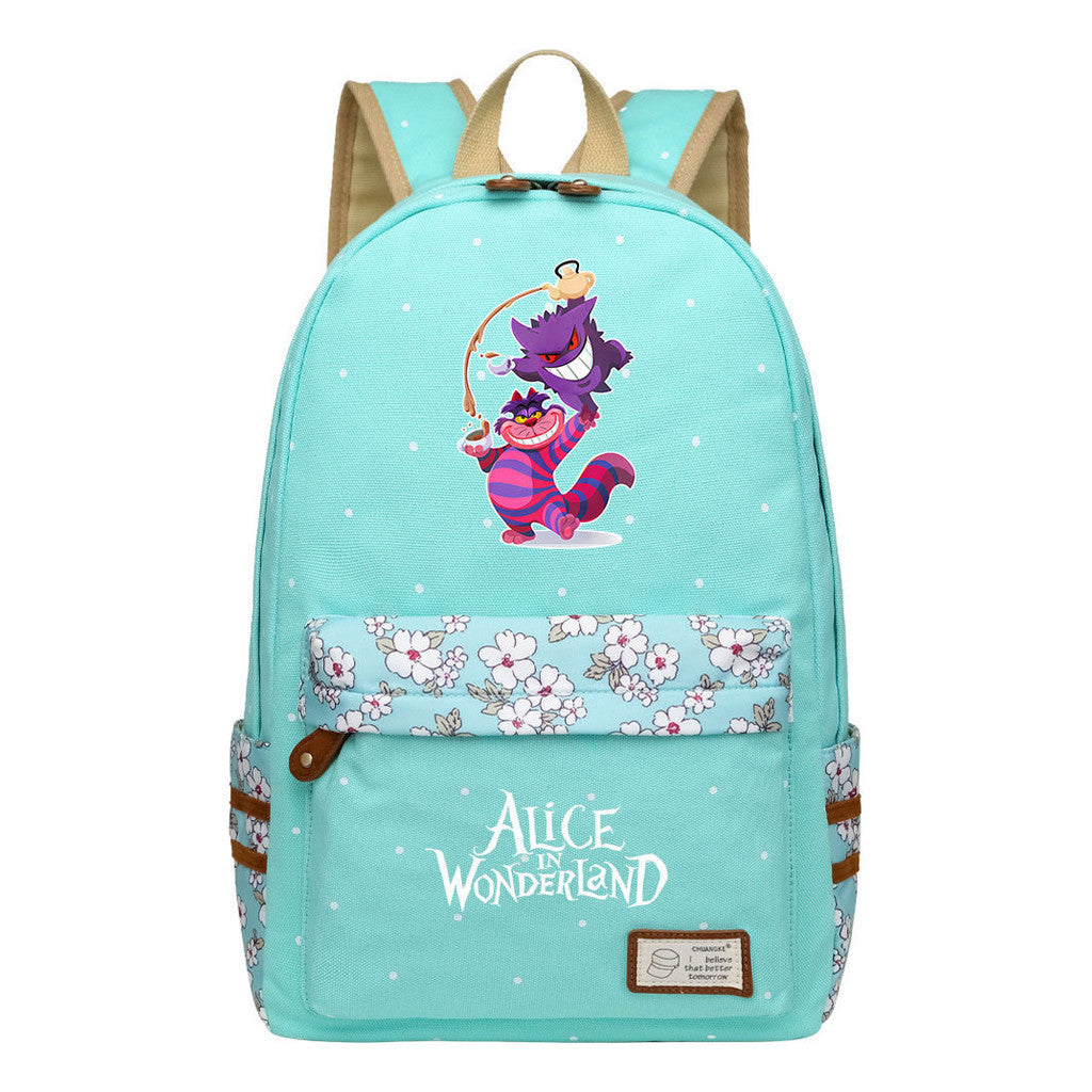 Anime Cartoon Cheshire Cat Print Student Backpack, Floral Casual Backpack